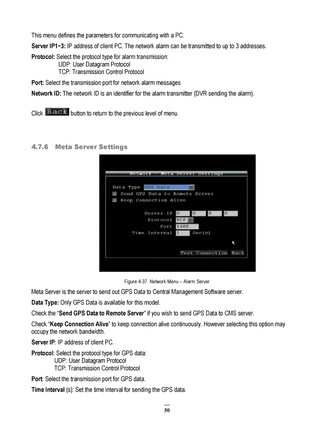 EverFocus EMV200 user manual Meta Server Settings, Network Menu Alarm Server 