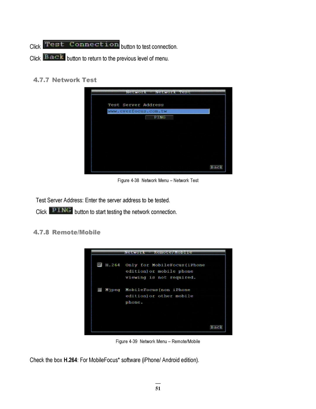 EverFocus EMV200 user manual Network Test, Remote/Mobile 