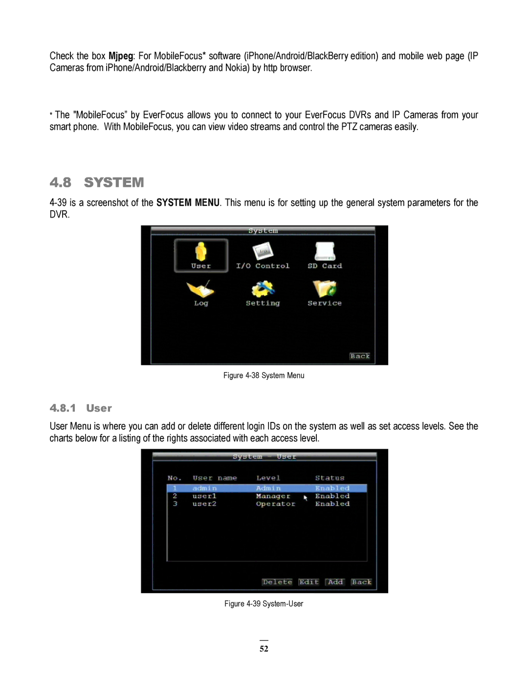 EverFocus EMV200 user manual System, User 