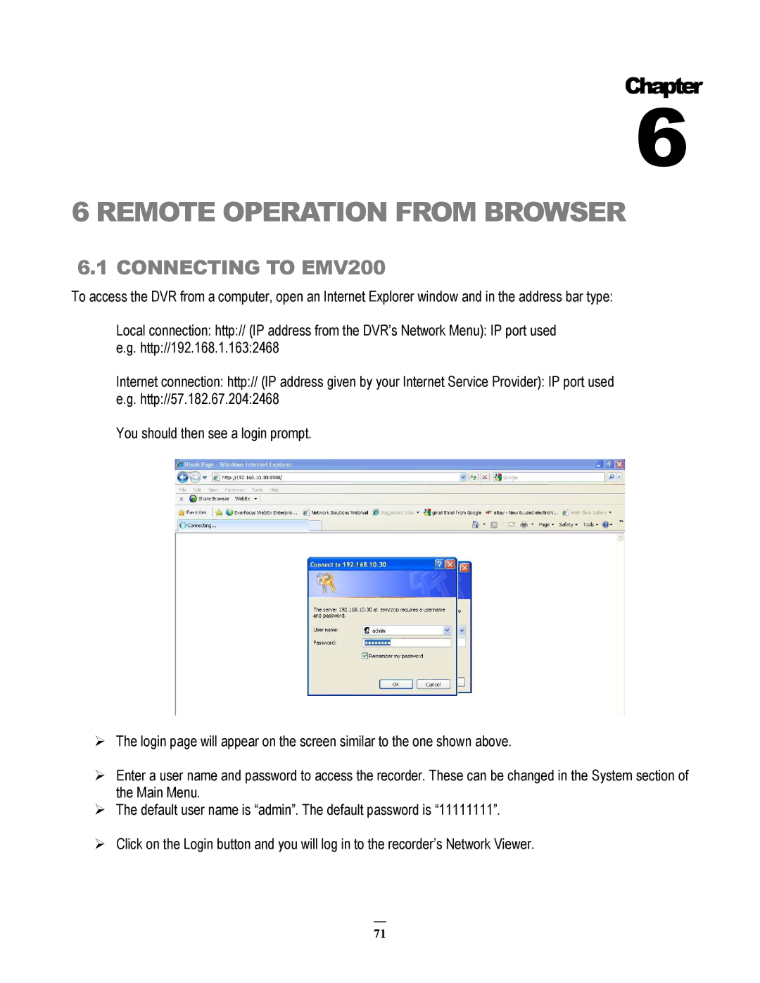 EverFocus user manual Remote Operation from Browser, Connecting to EMV200 