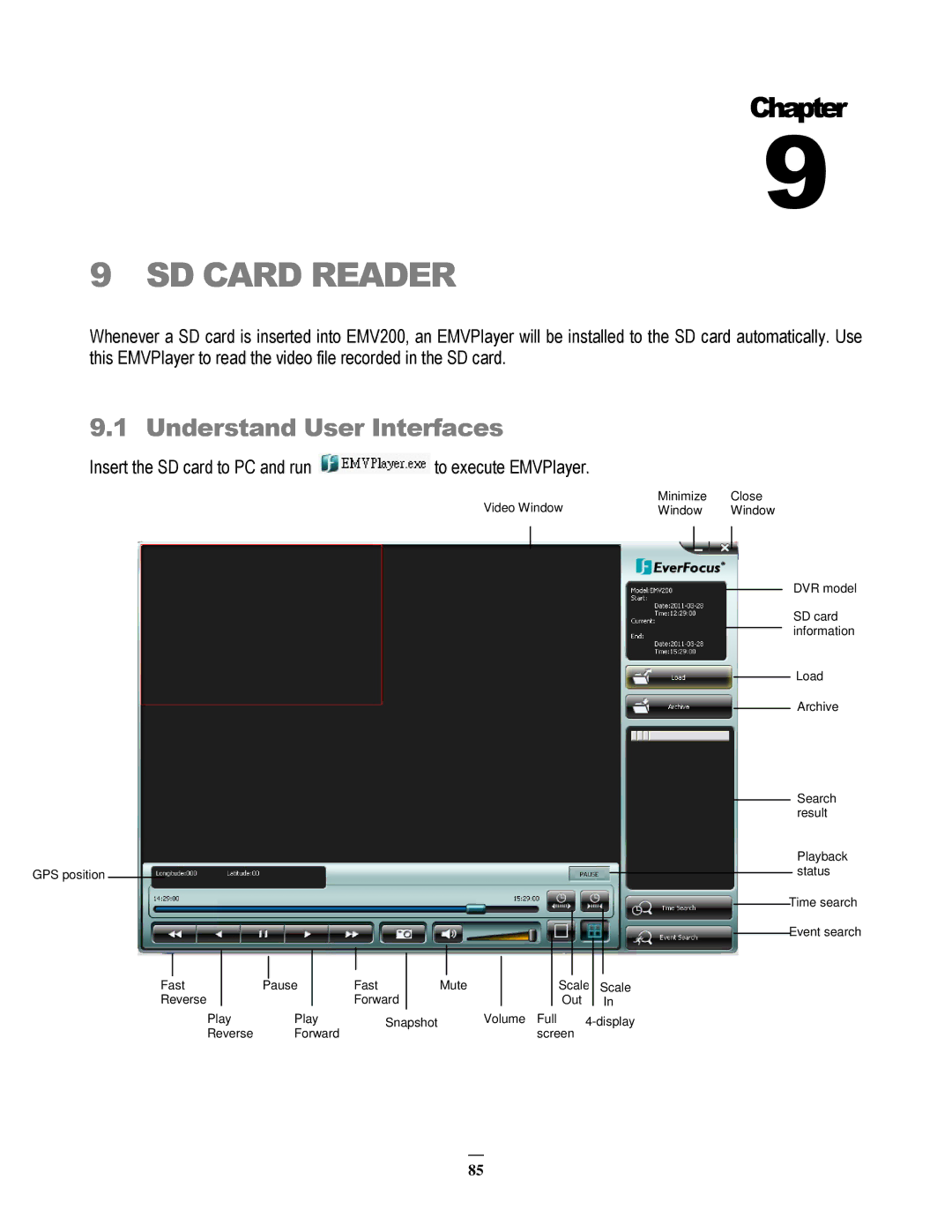 EverFocus EMV200 SD Card Reader, Understand User Interfaces, Insert the SD card to PC and run To execute EMVPlayer 