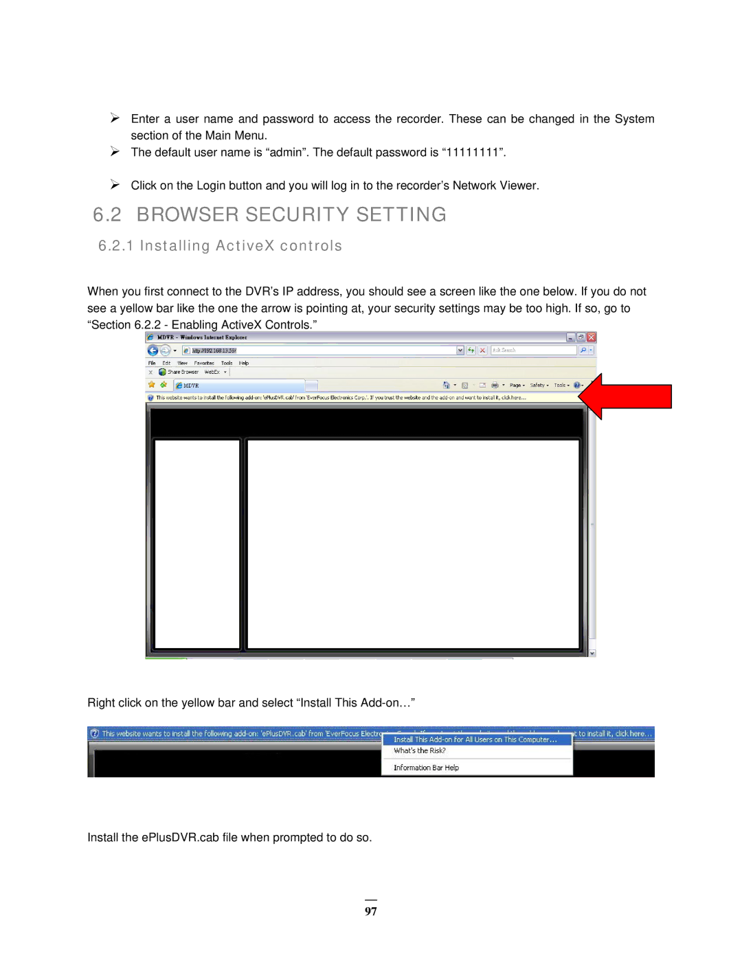 EverFocus EMV400 user manual Browser Security Setting, Installing ActiveX controls 