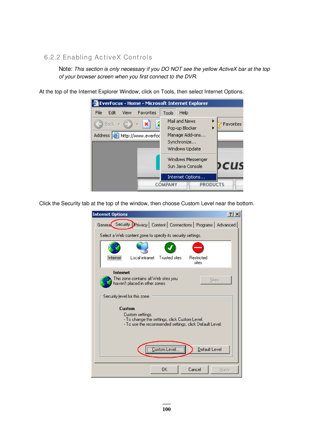 EverFocus EMV400 user manual Enabling ActiveX Controls 