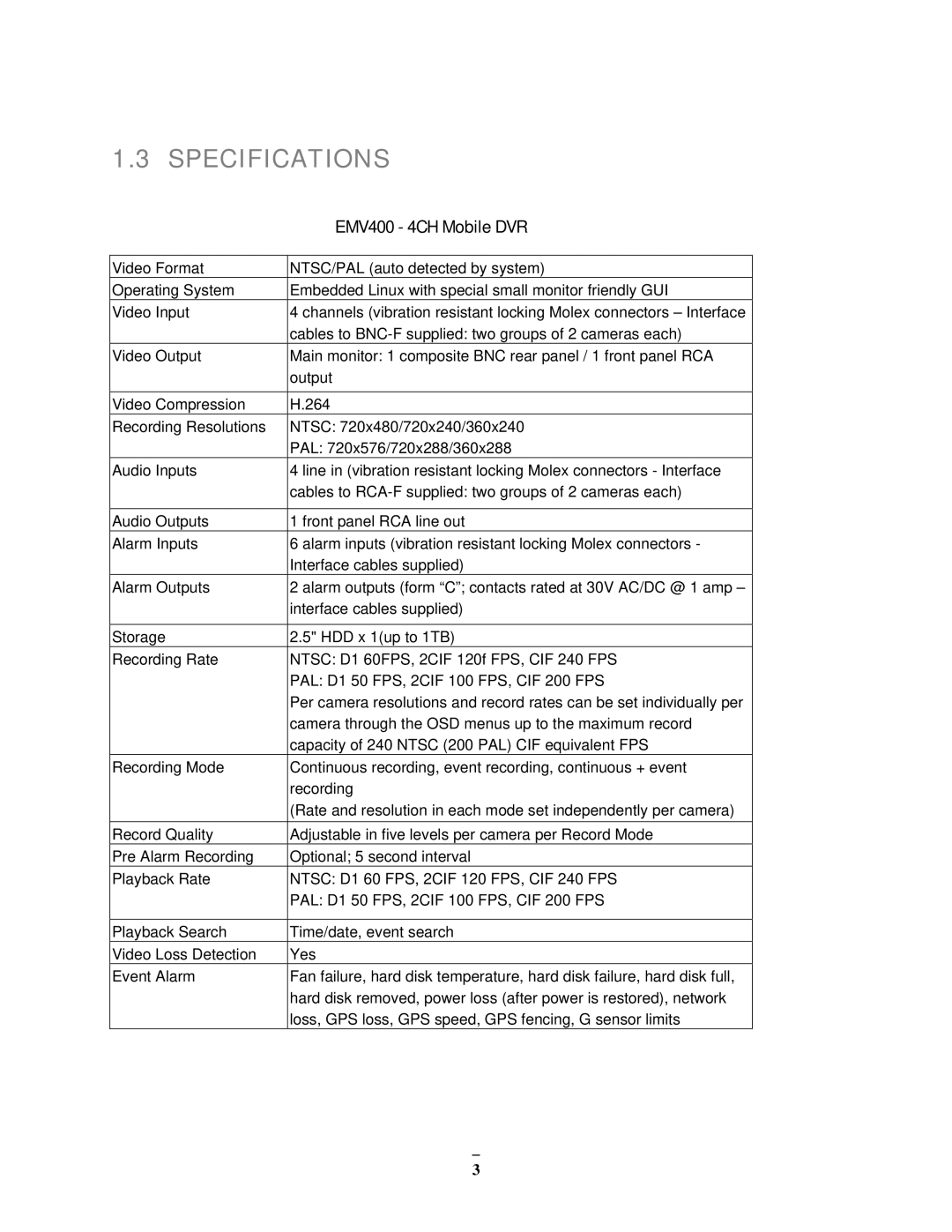 EverFocus user manual Specifications, EMV400 4CH Mobile DVR 