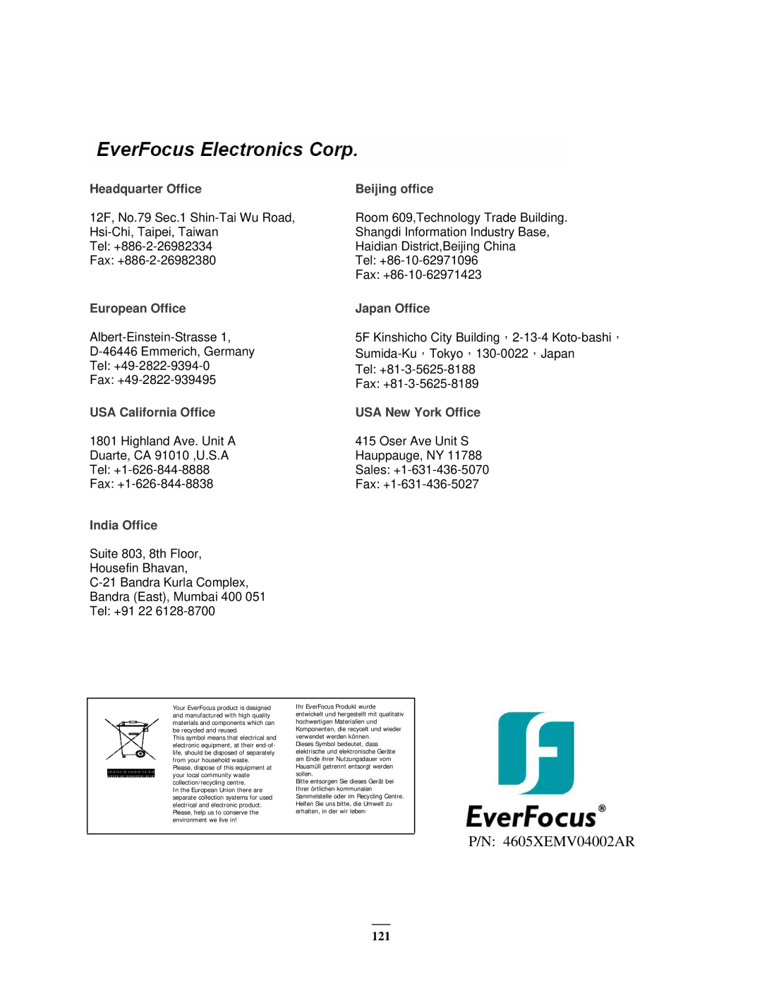 EverFocus EMV400 user manual 4605XEMV04002AR 