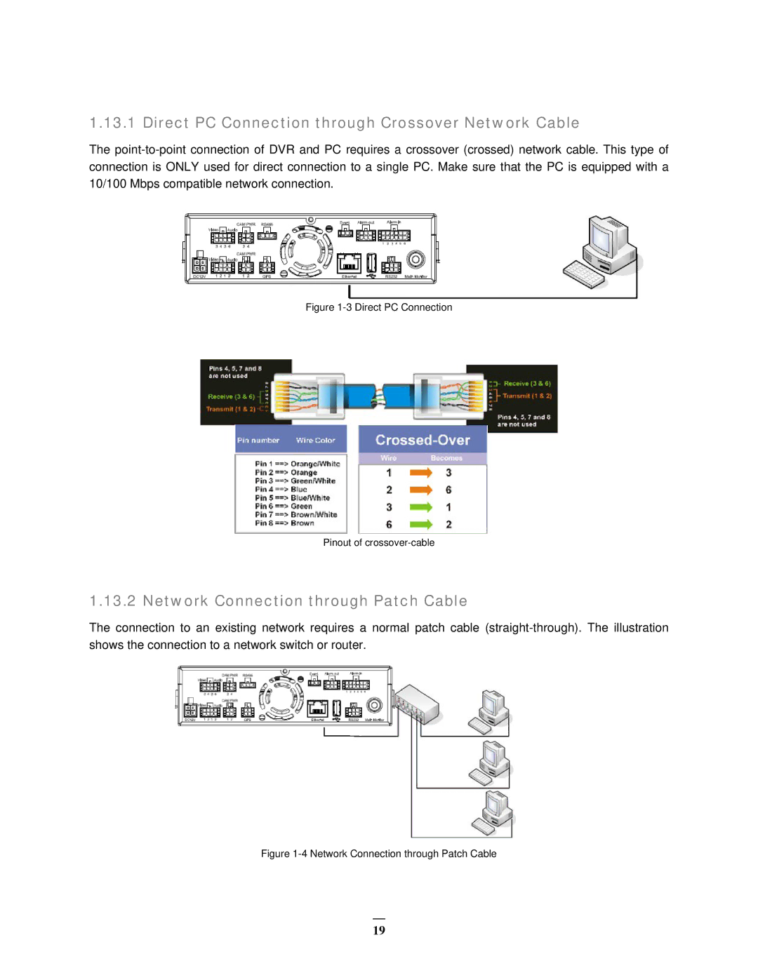 EverFocus EMV400 user manual Direct PC Connection through Crossover Network Cable, Network Connection through Patch Cable 