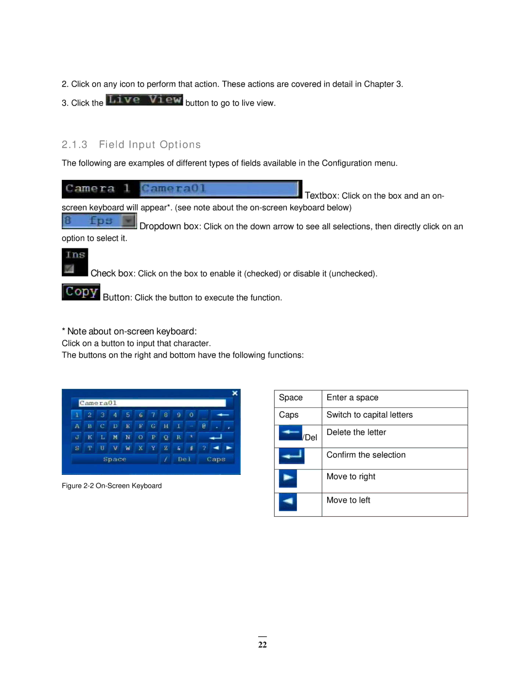 EverFocus EMV400 user manual Field Input Options, On-Screen Keyboard 