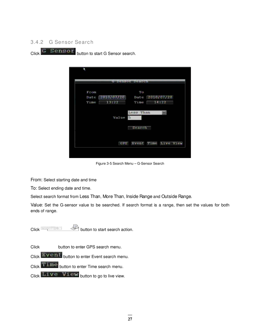 EverFocus EMV400 user manual Search Menu G-Sensor Search 