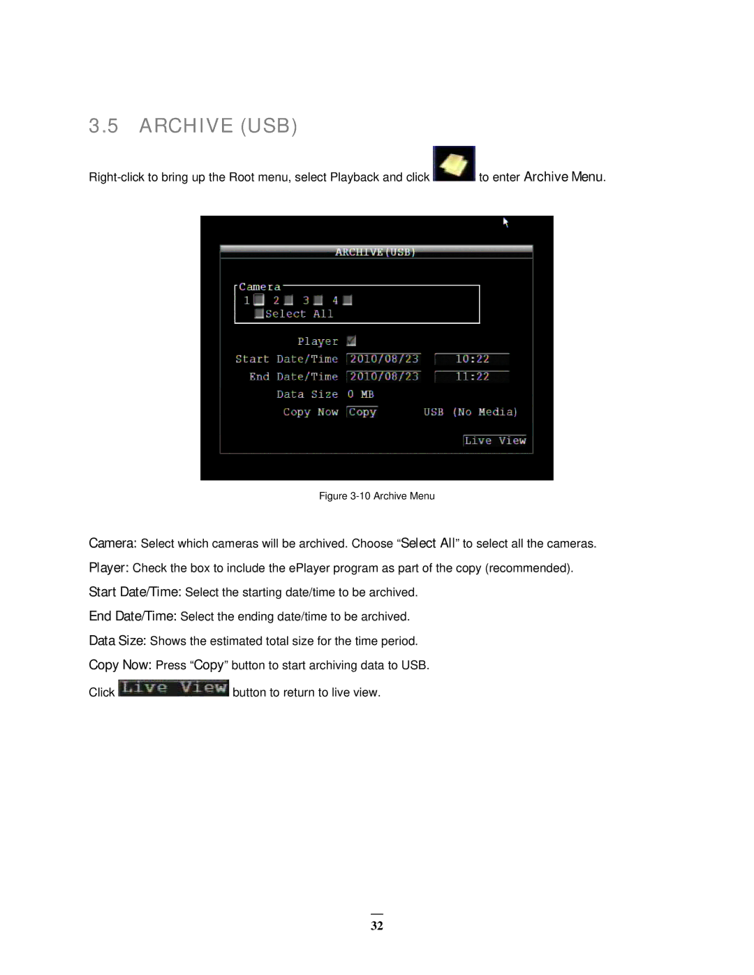 EverFocus EMV400 user manual Archive USB, Archive Menu 