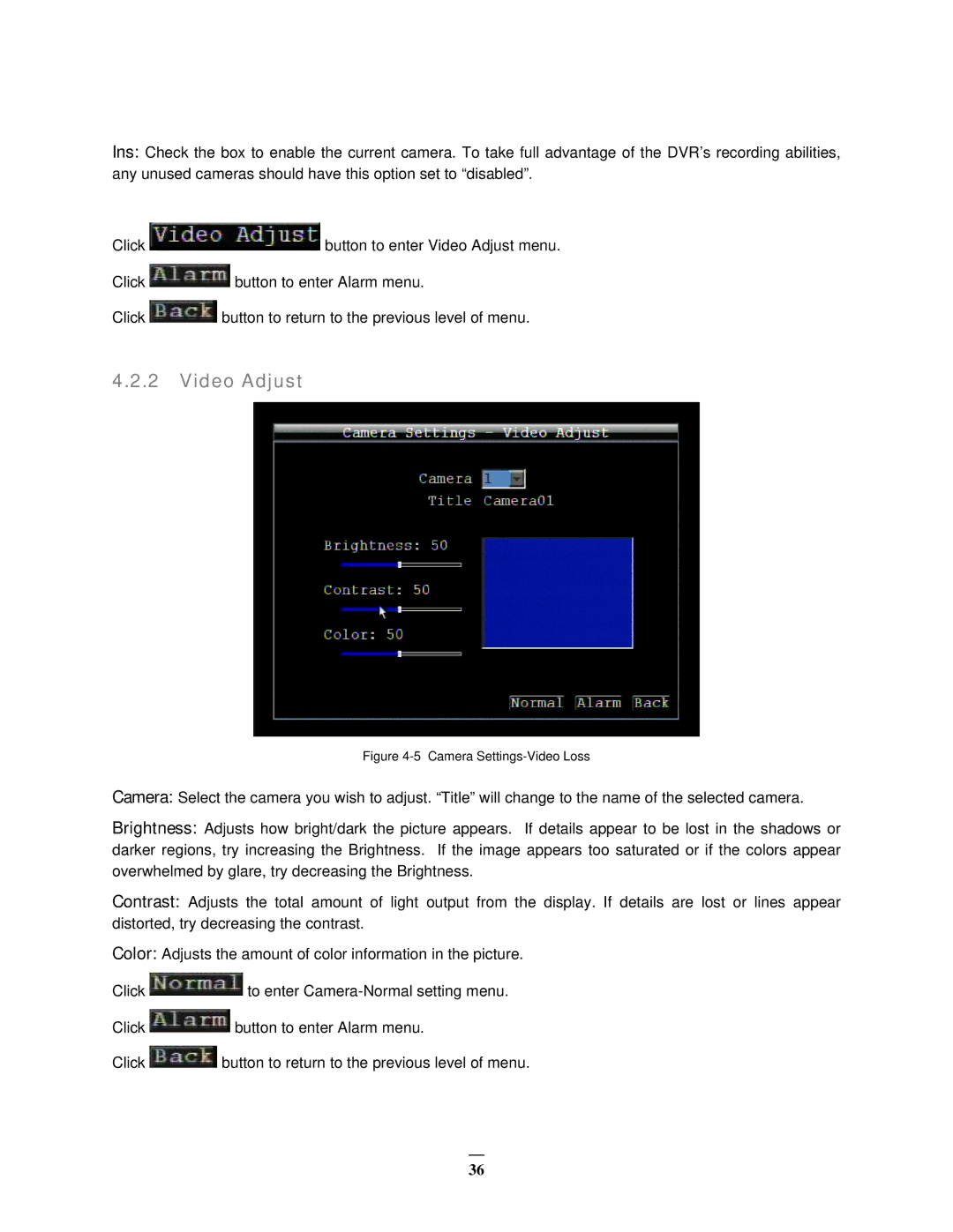 EverFocus EMV400 user manual Video Adjust, Camera Settings-Video Loss 