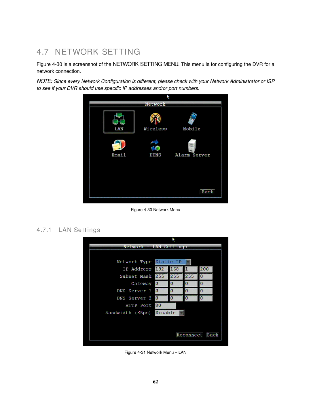 EverFocus EMV400 user manual Network Setting, LAN Settings 