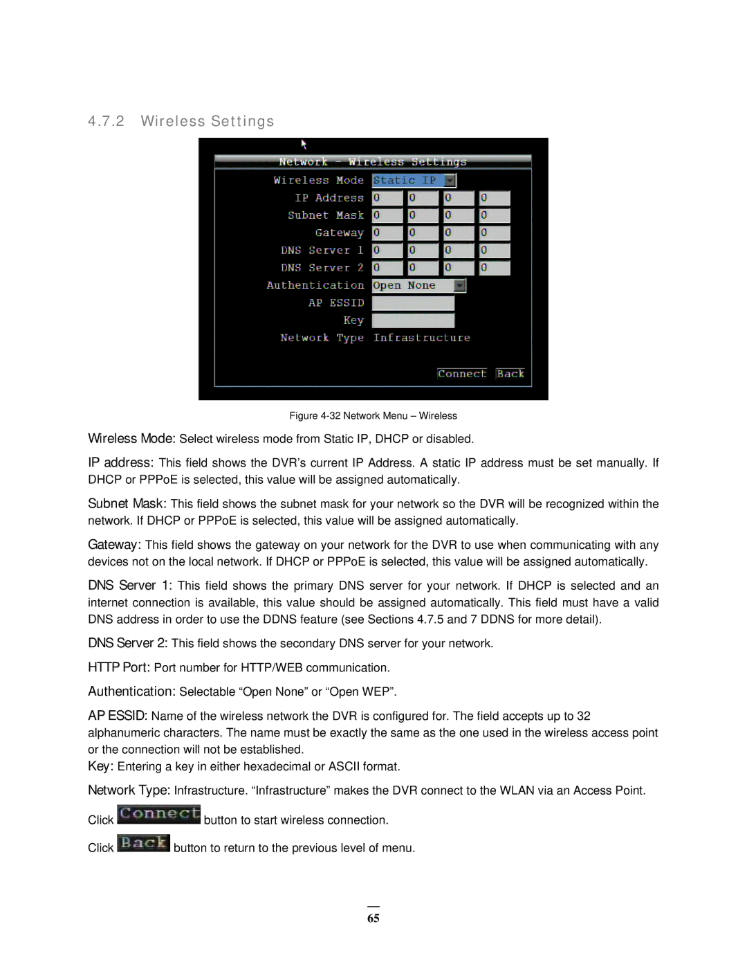 EverFocus EMV400 user manual Wireless Settings, Network Menu Wireless 