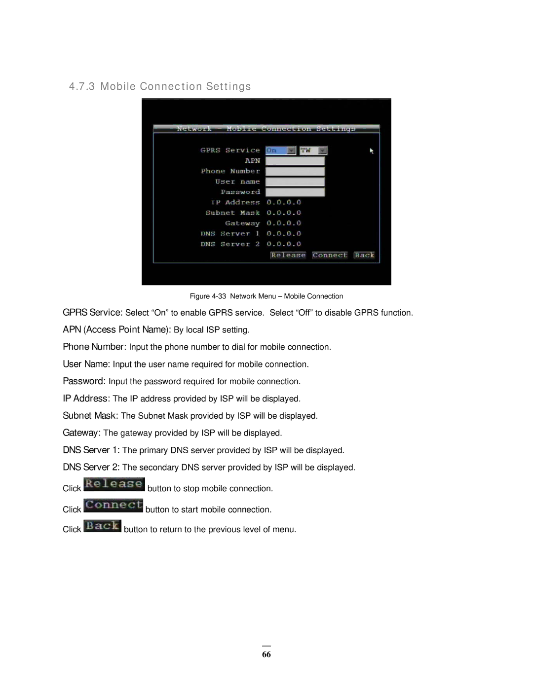 EverFocus EMV400 user manual Mobile Connection Settings, APN Access Point Name By local ISP setting 