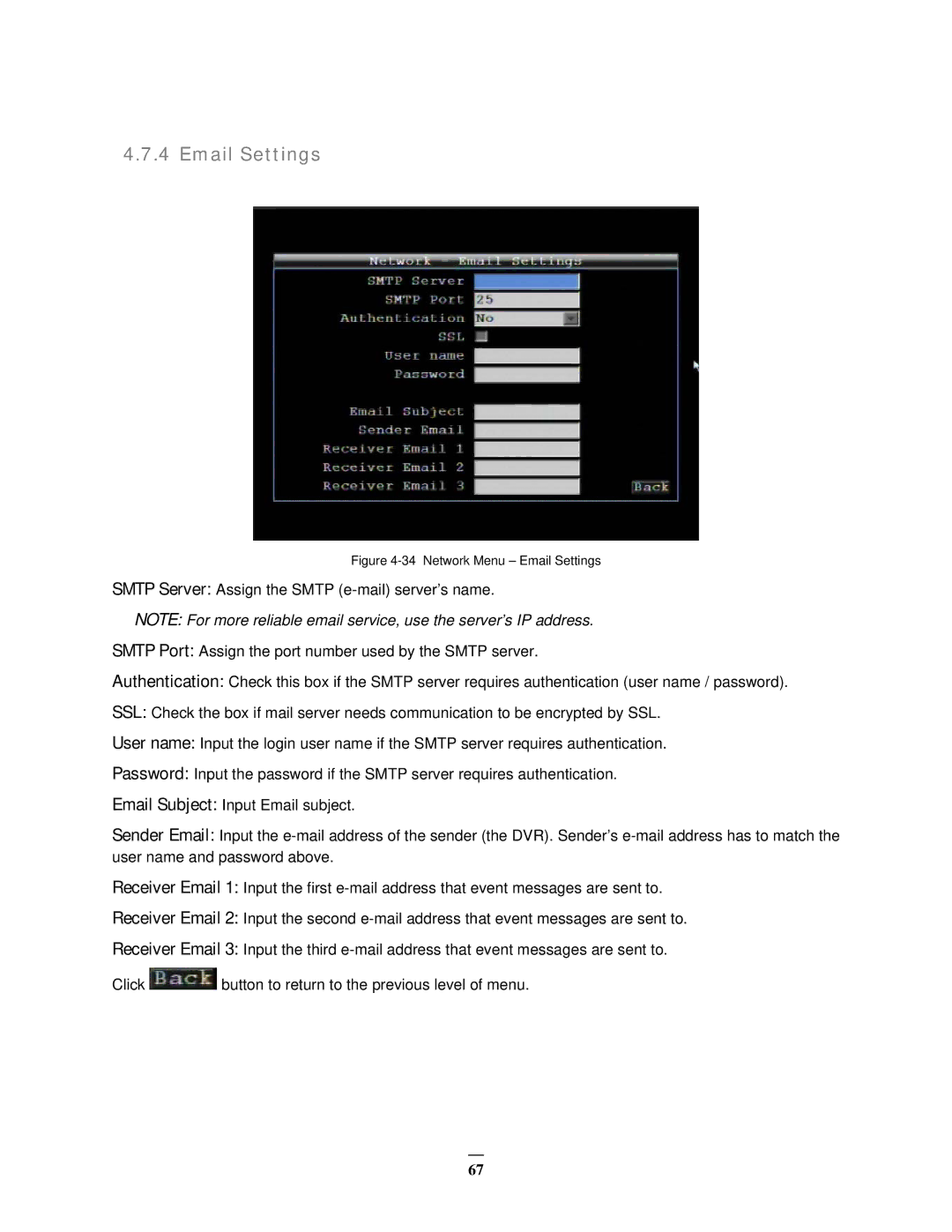 EverFocus EMV400 user manual Network Menu Email Settings 