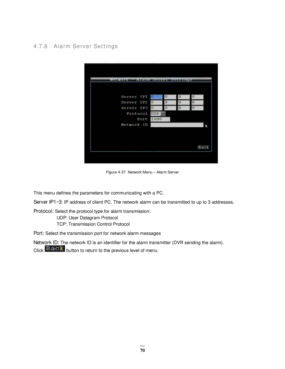 EverFocus EMV400 user manual Alarm Server Settings, Network Menu Alarm Server 