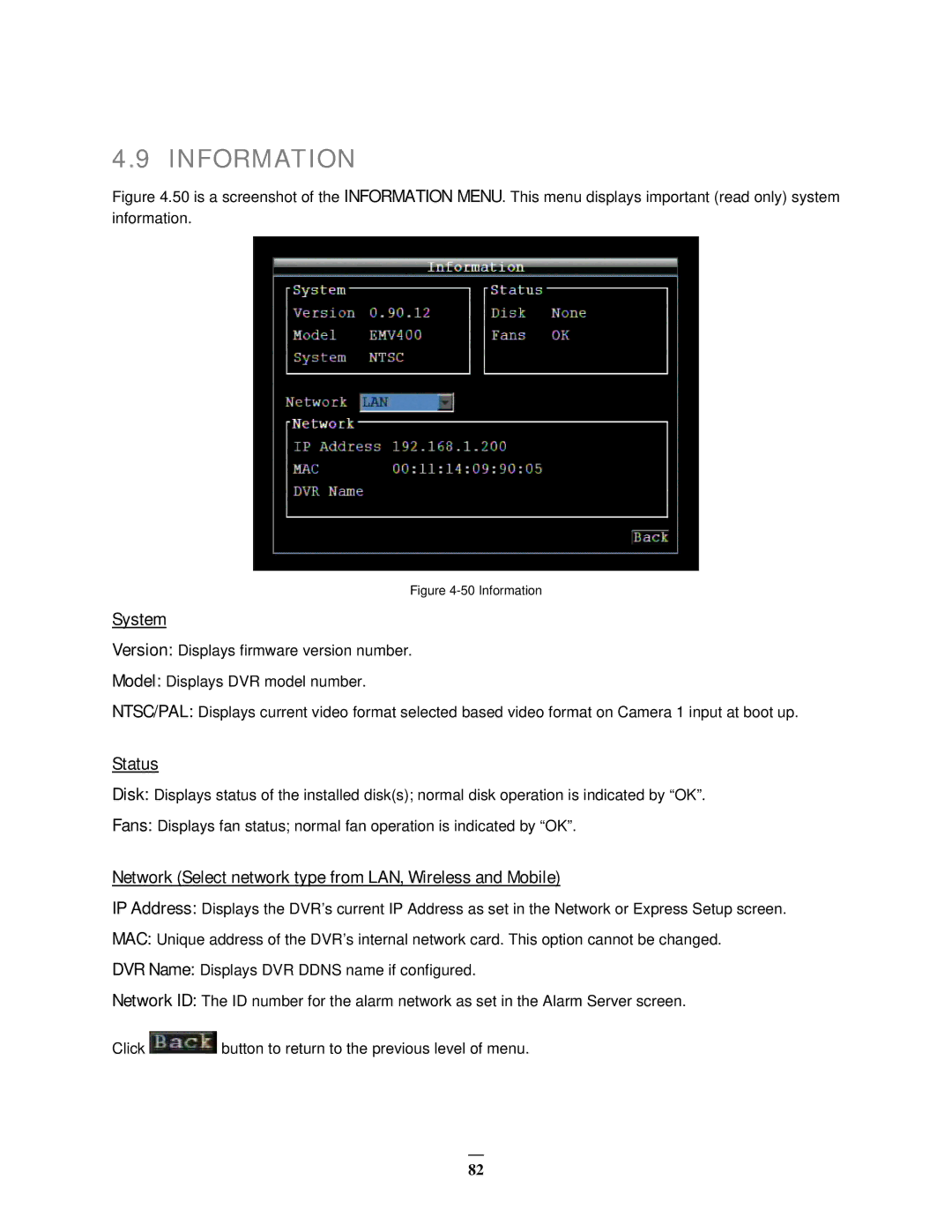 EverFocus EMV400 user manual Information, System, Status, Network Select network type from LAN, Wireless and Mobile 