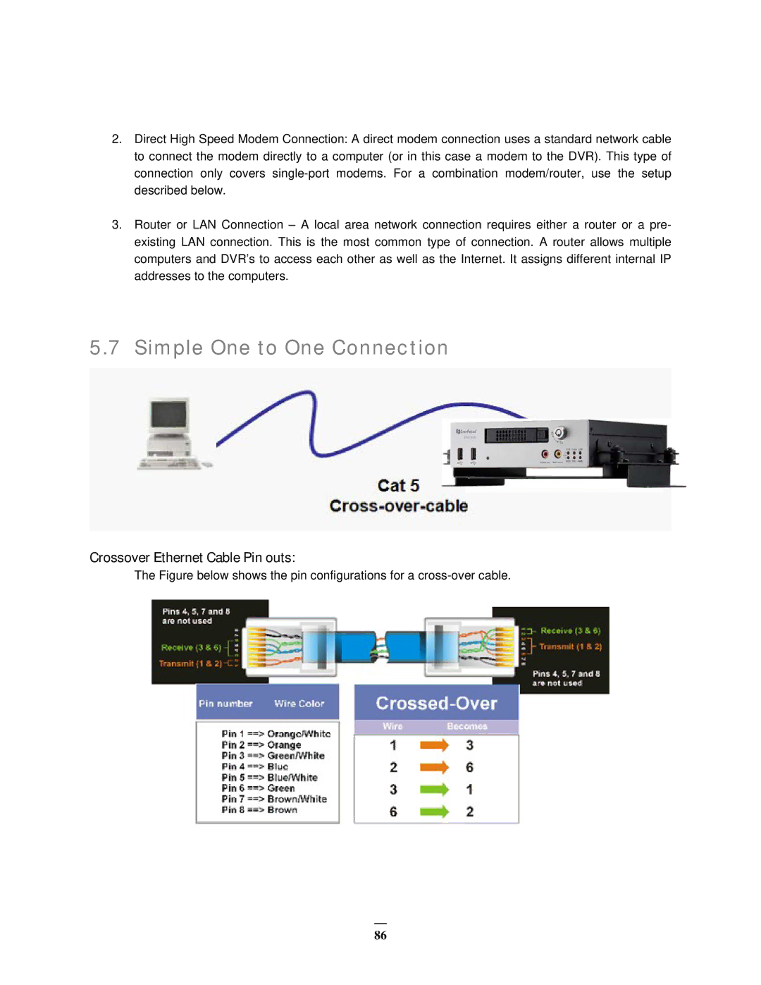 EverFocus EMV400 user manual Simple One to One Connection, Crossover Ethernet Cable Pin outs 