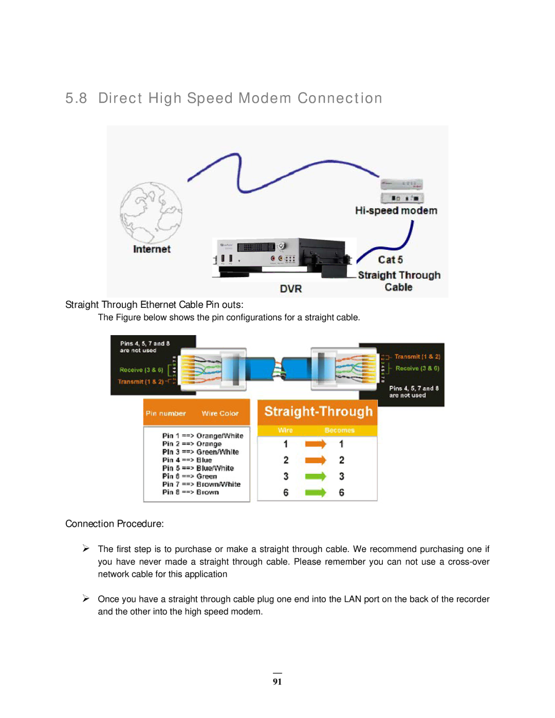 EverFocus EMV400 user manual Direct High Speed Modem Connection, Straight Through Ethernet Cable Pin outs 