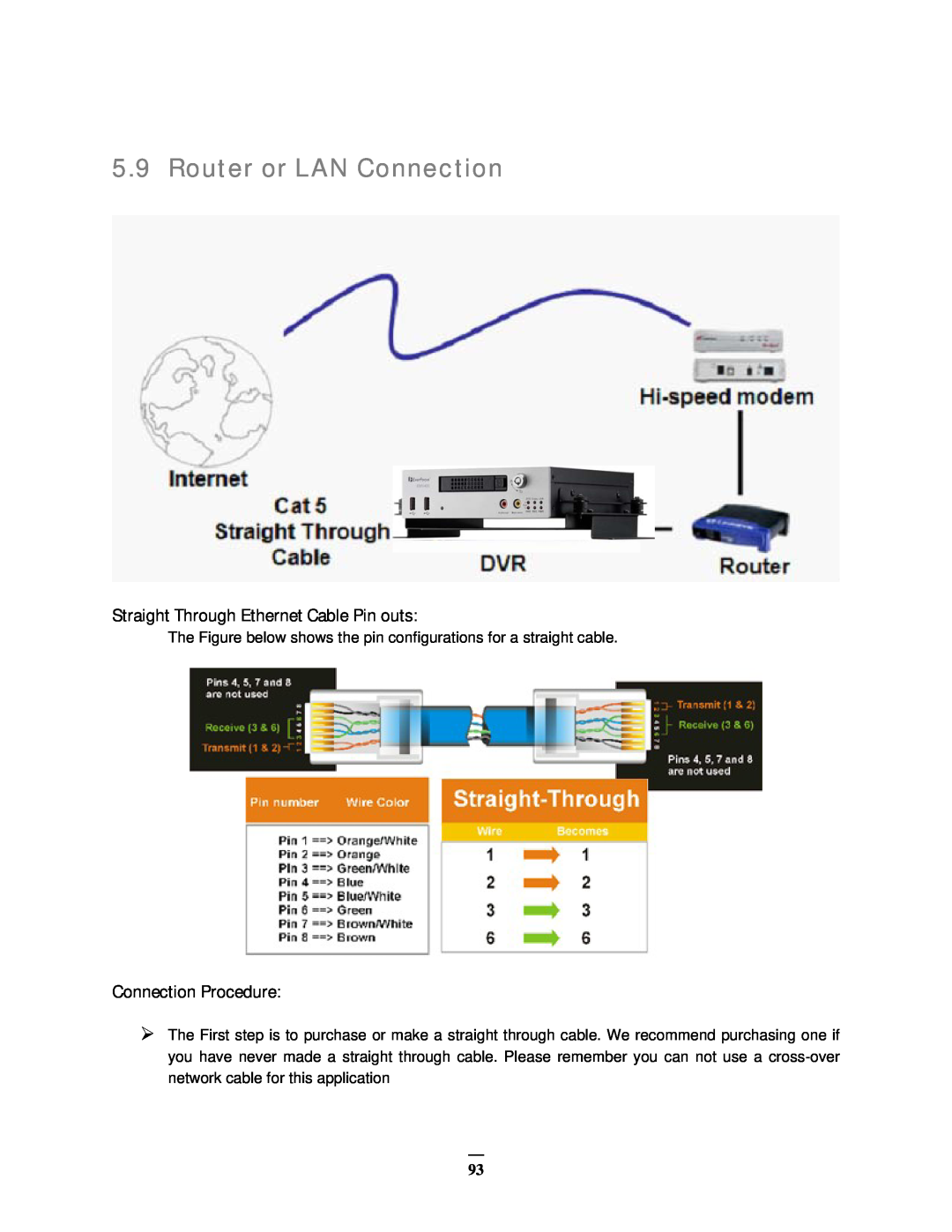 EverFocus EMV400 user manual Router or LAN Connection, Straight Through Ethernet Cable Pin outs, Connection Procedure 