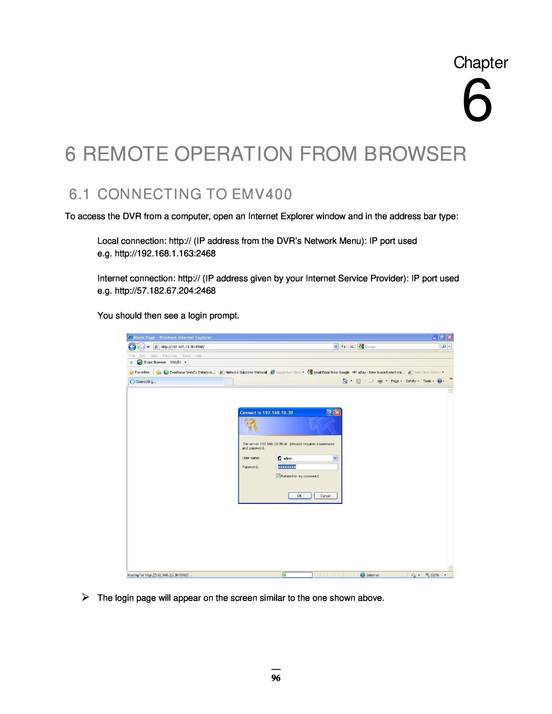 EverFocus user manual Remote Operation From Browser, CONNECTING TO EMV400, Chapter 