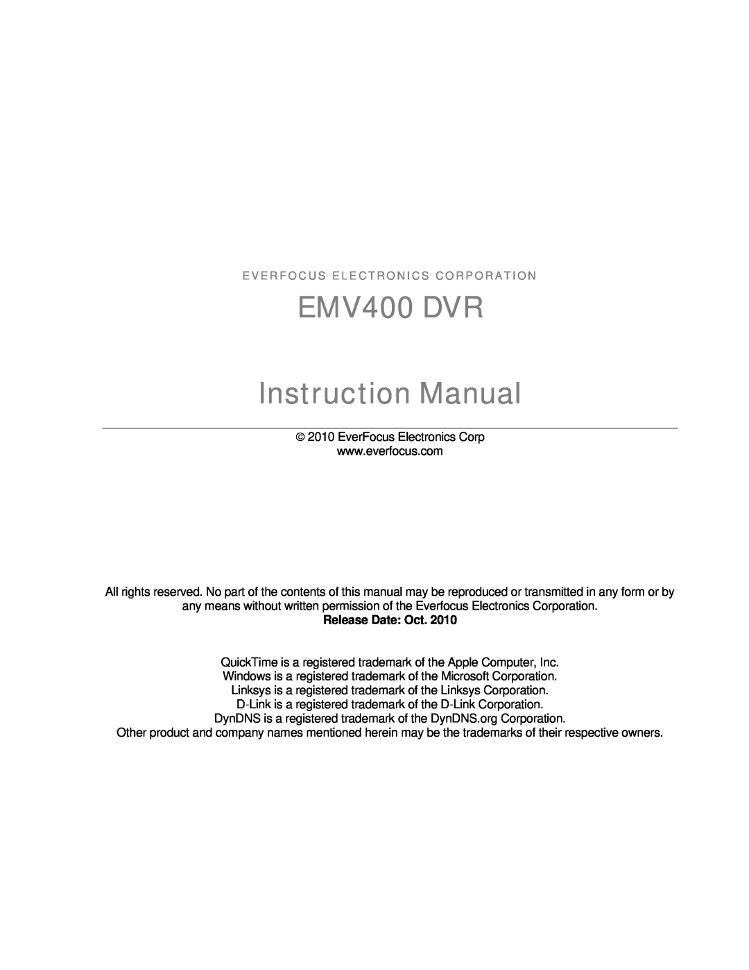 EverFocus user manual EMV400 DVR Instruction Manual, Release Date Oct 