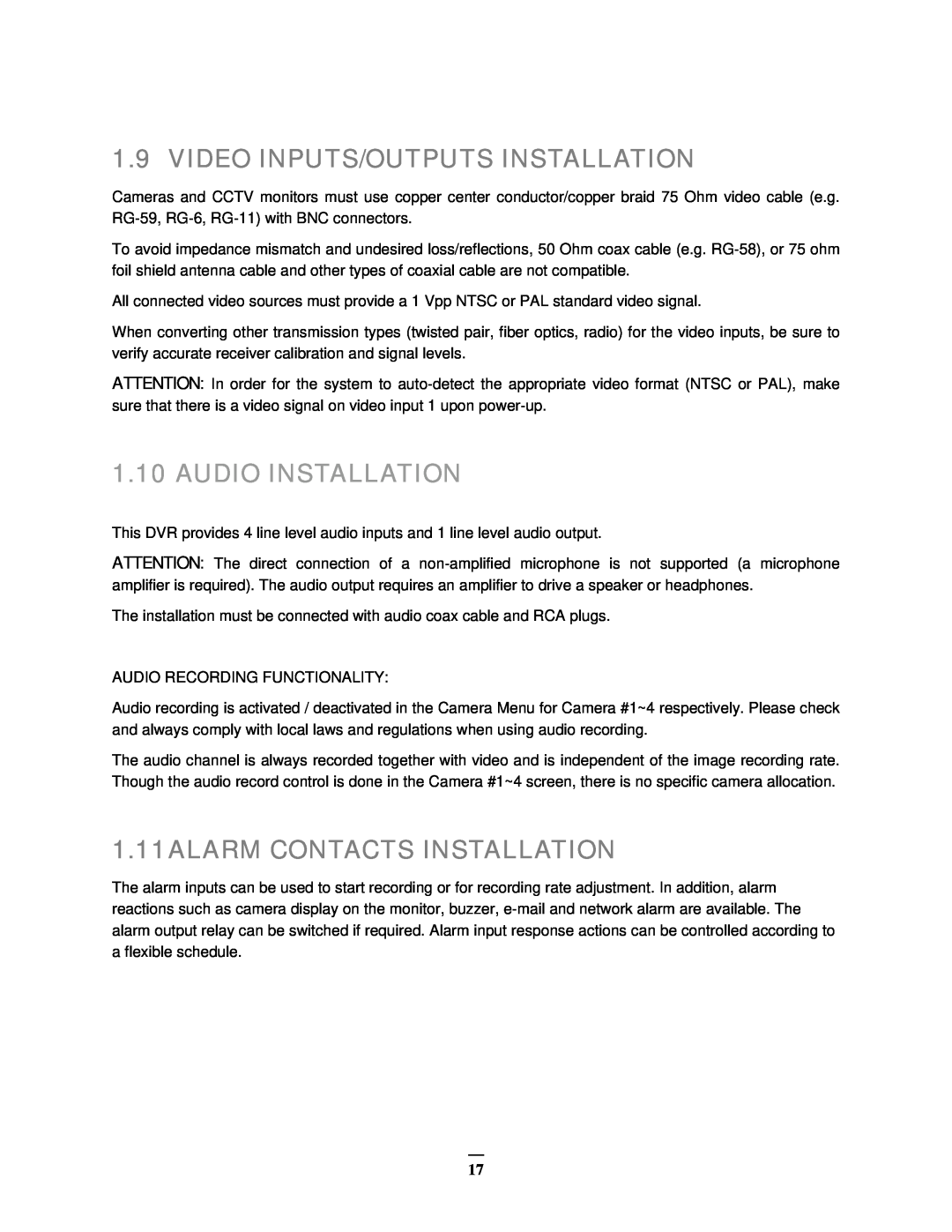 EverFocus EMV400 user manual Video Inputs/Outputs Installation, 1.11ALARM CONTACTS INSTALLATION, Audio Installation 
