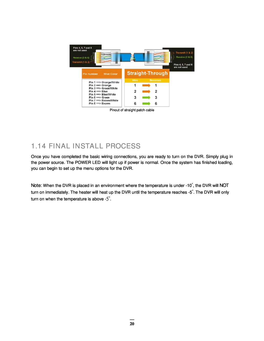 EverFocus EMV400 user manual Final Install Process, Pinout of straight patch cable 