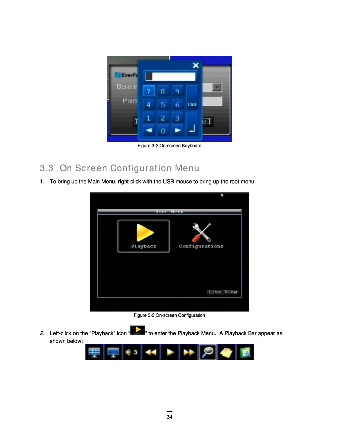 EverFocus EMV400 user manual On Screen Configuration Menu, 2 On-screen Keyboard, 3 On-screen Configuration 