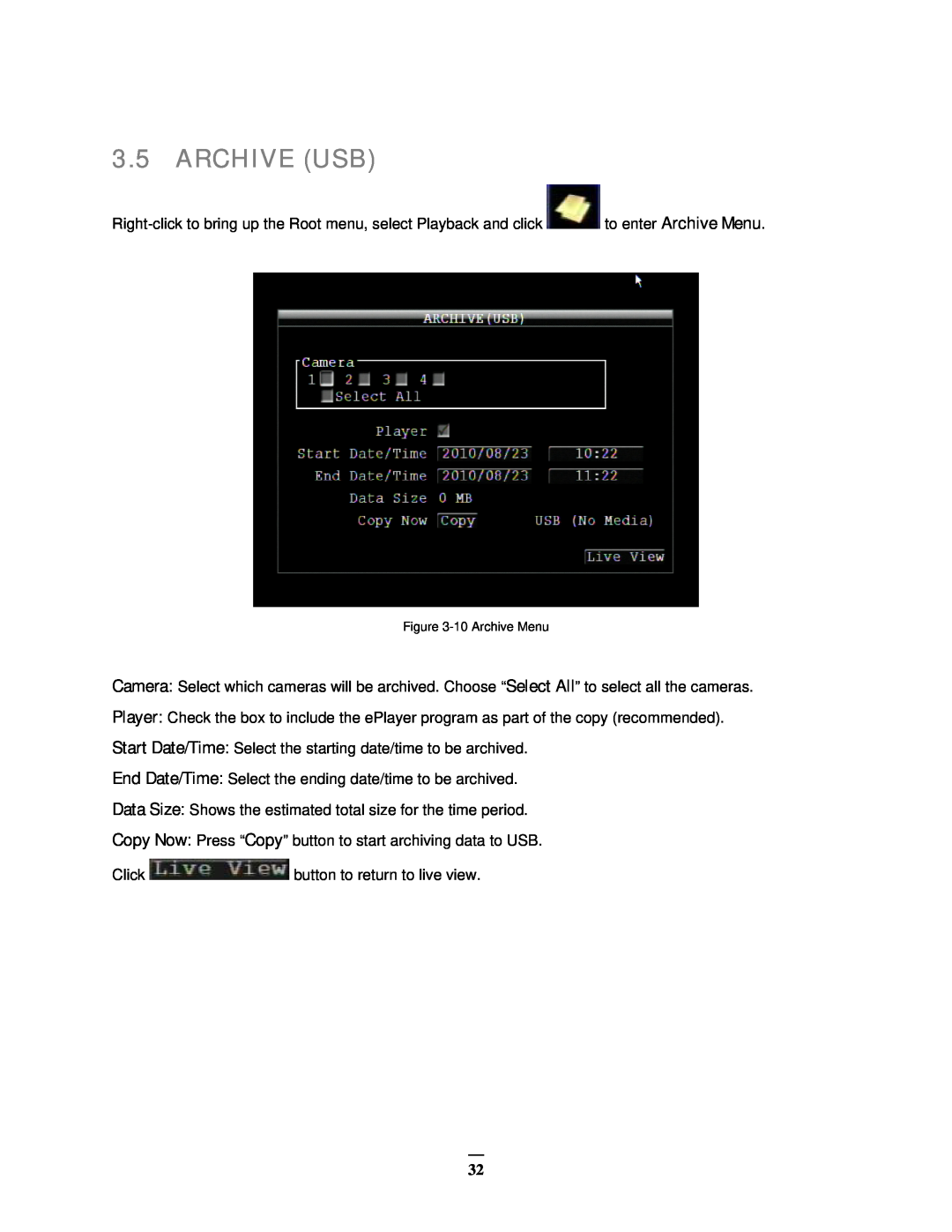 EverFocus EMV400 user manual Archive Usb, 10 Archive Menu 