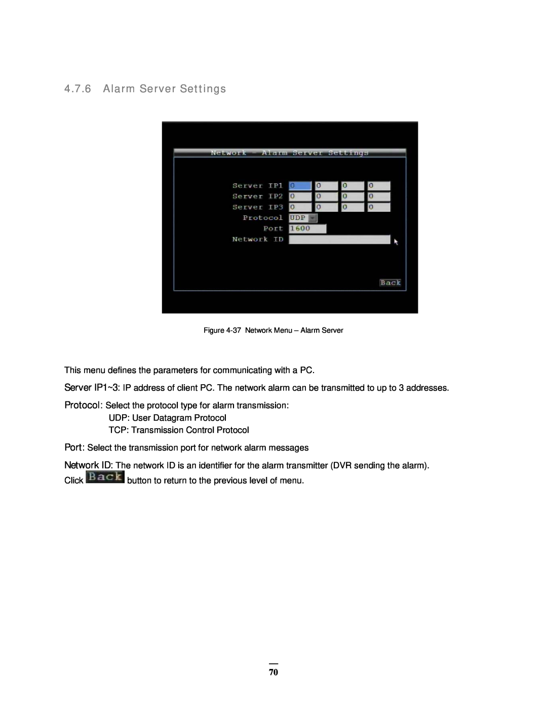 EverFocus EMV400 user manual Alarm Server Settings, 37 Network Menu - Alarm Server 