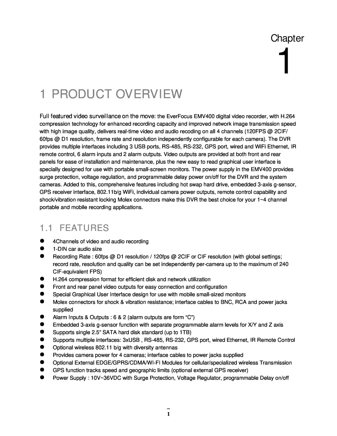 EverFocus EMV400 user manual Product Overview, Chapter, Features 