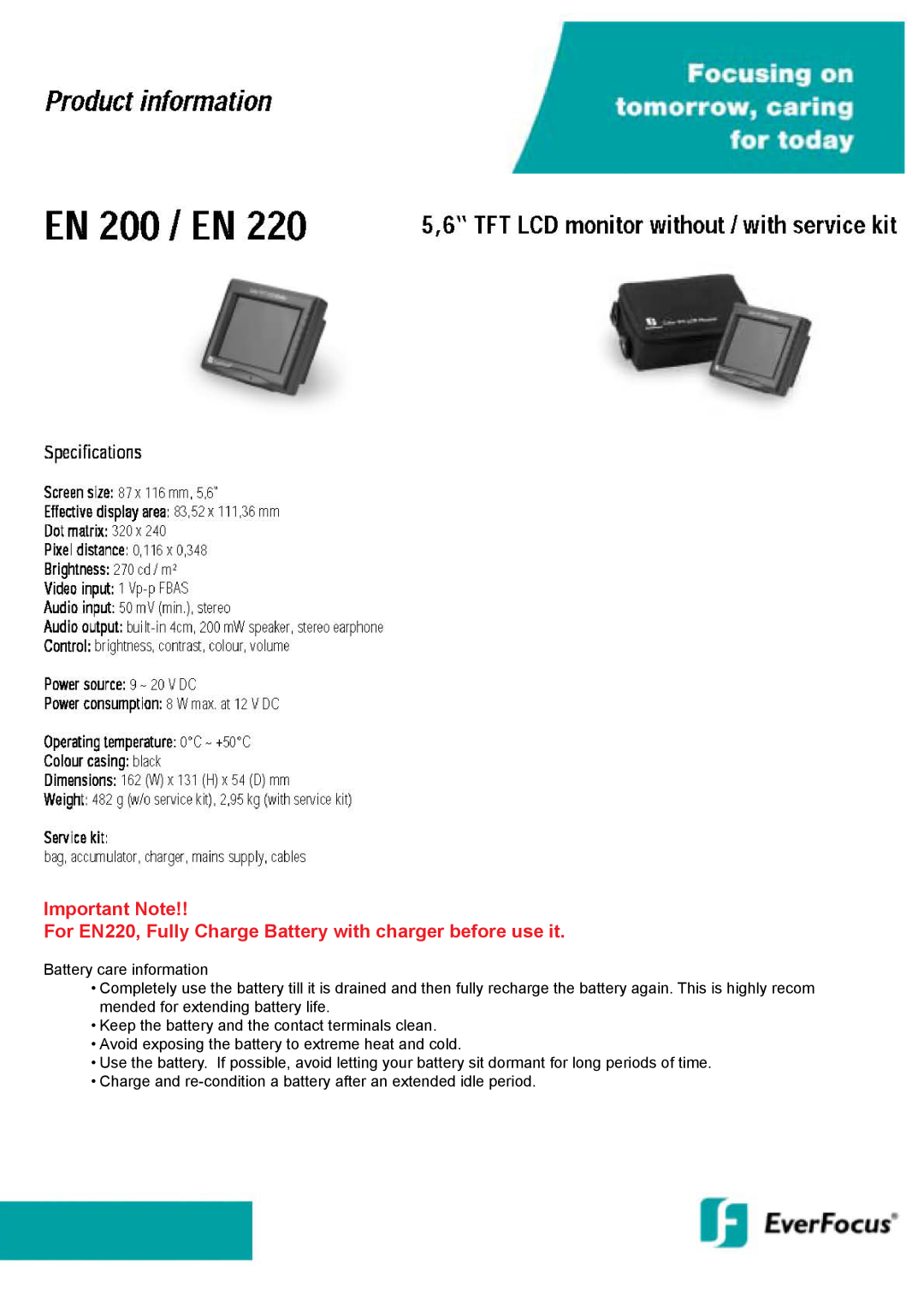 EverFocus EN 200 manual Important Note, For EN220, Fully Charge Battery with charger before use it 