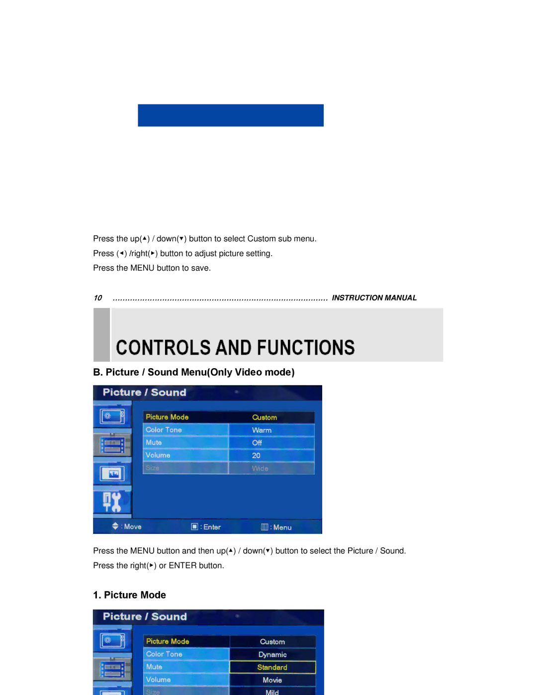 EverFocus EN-7515C instruction manual Picture / Sound MenuOnly Video mode, Picture Mode 