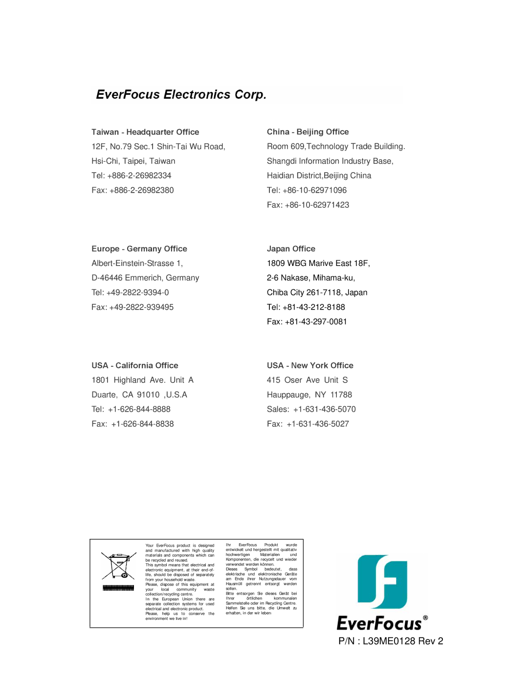 EverFocus EN-7515C instruction manual L39ME0128 Rev 