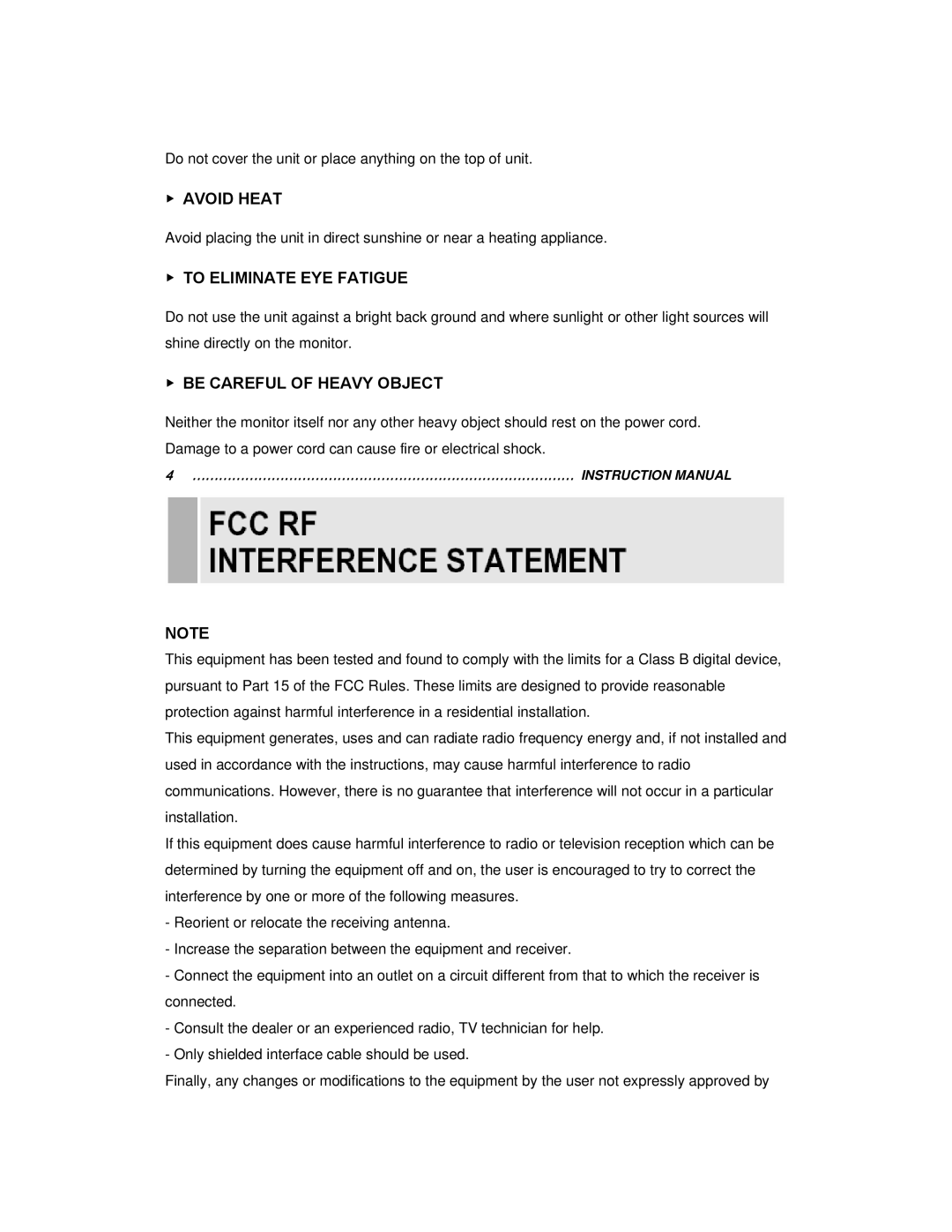 EverFocus EN-7515C instruction manual Avoid Heat, To Eliminate EYE Fatigue, Be Careful of Heavy Object 