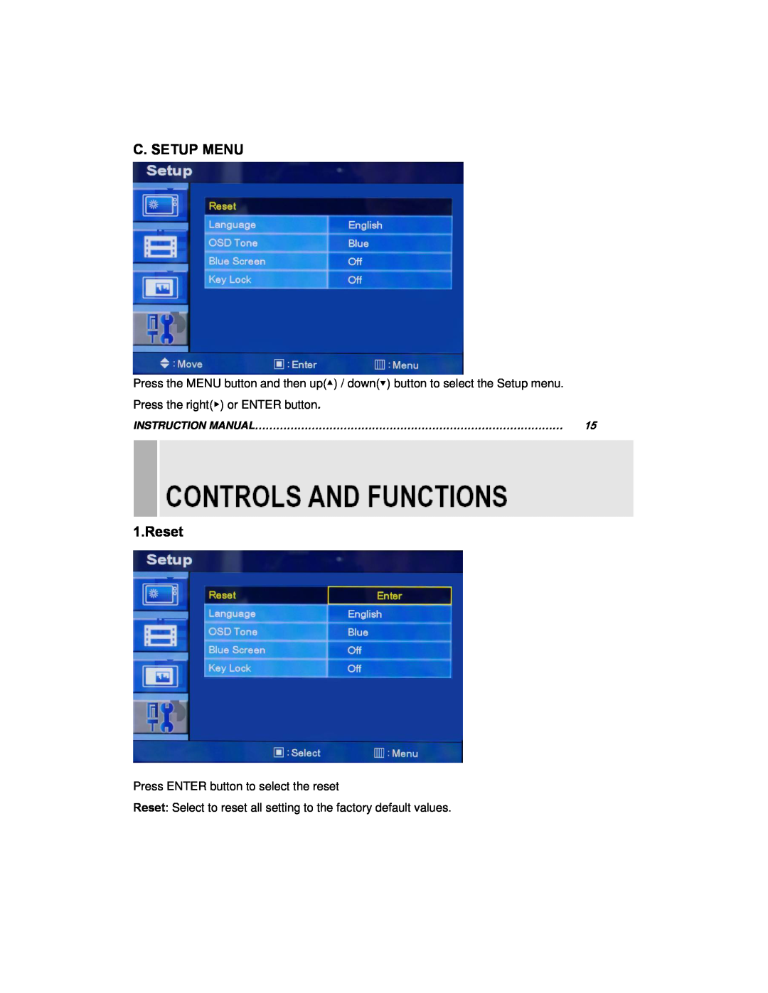 EverFocus EN-7515C instruction manual C. Setup Menu, Reset, Press ENTER button to select the reset 