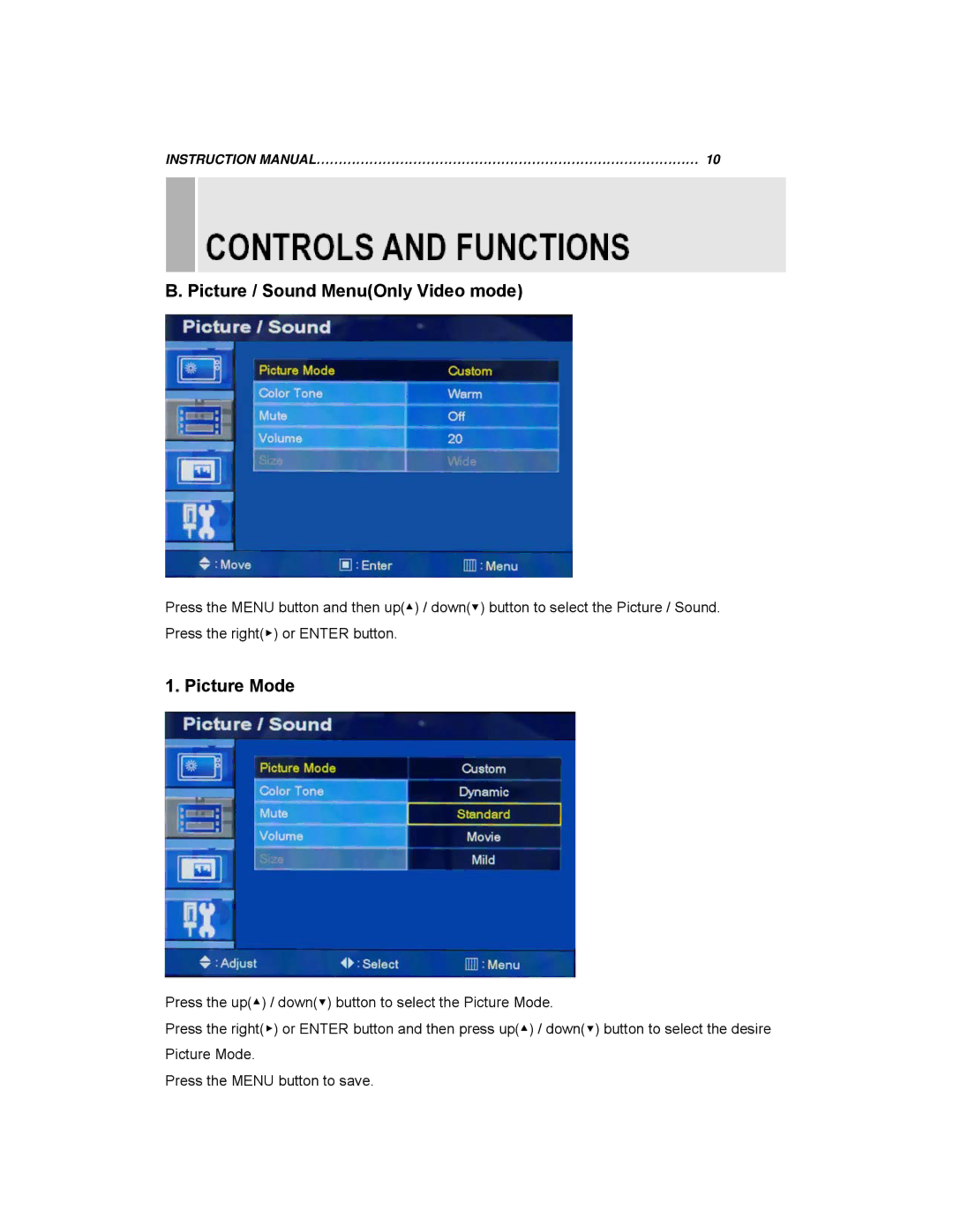 EverFocus EN-7517E, EN-7519E instruction manual Picture / Sound MenuOnly Video mode, Picture Mode 