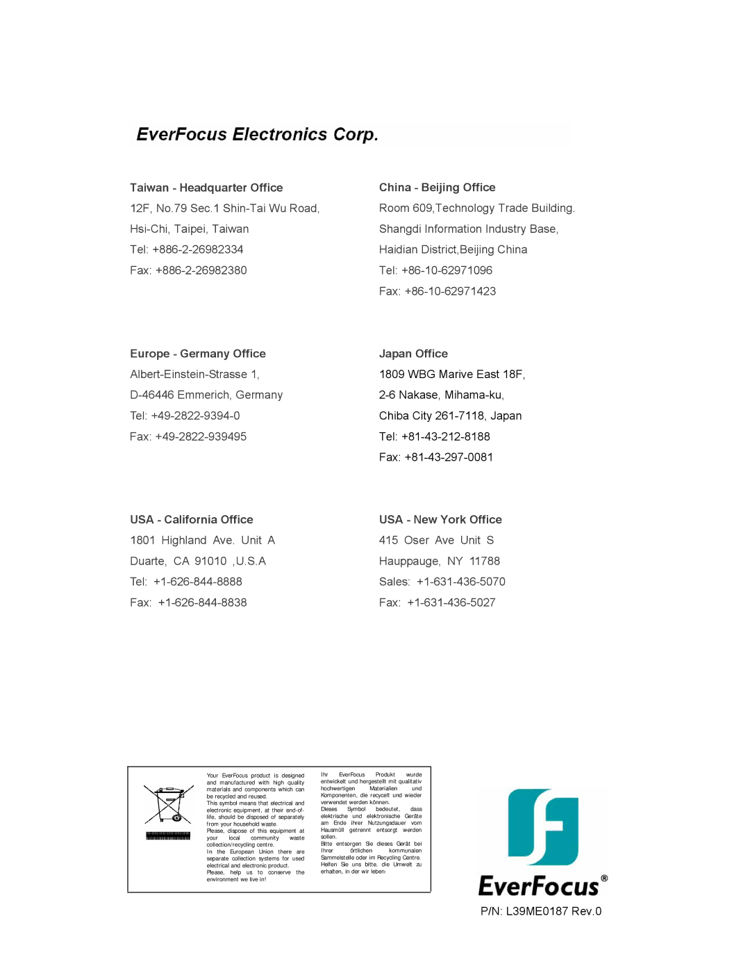 EverFocus EN-7519E, EN-7517E instruction manual Taiwan Headquarter Office China Beijing Office 