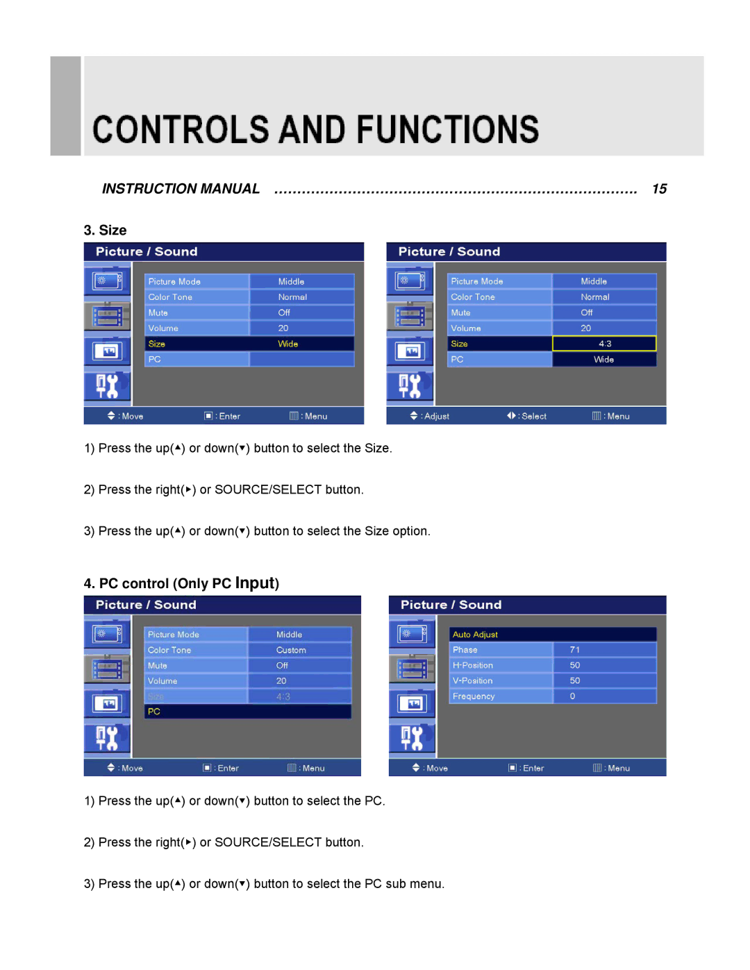 EverFocus EN-7519C, EN-7517C instruction manual Size, PC control Only PC Input 