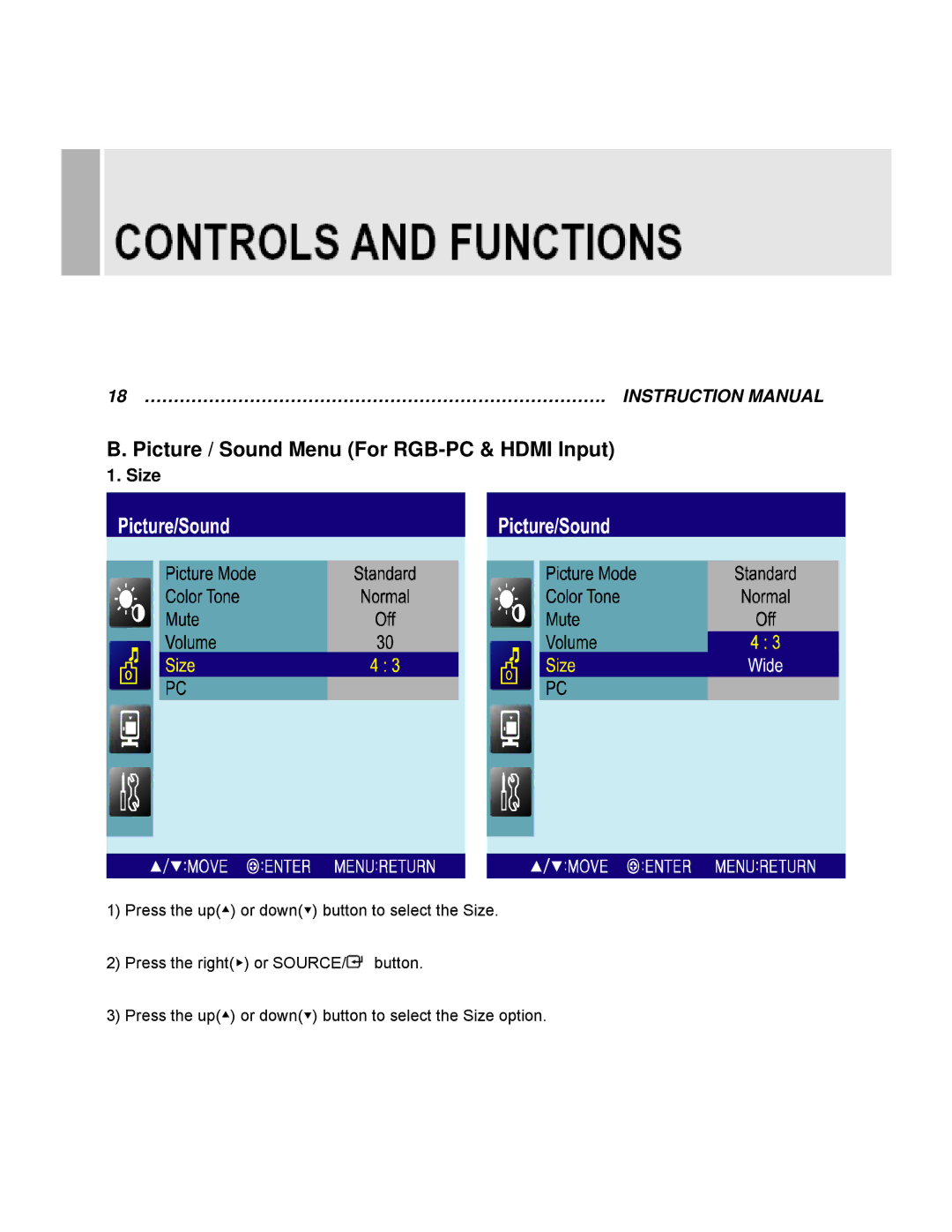 EverFocus EN-7522C instruction manual Picture / Sound Menu For RGB-PC & Hdmi Input, Size 