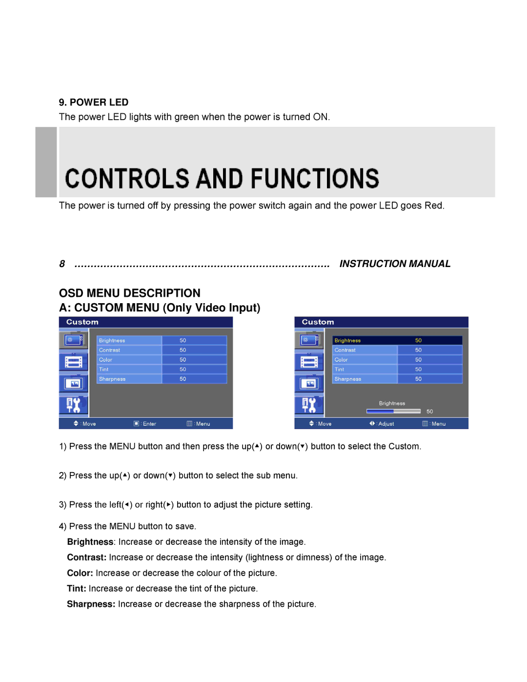 EverFocus EN-7542H manual OSD Menu Description, Power LED 