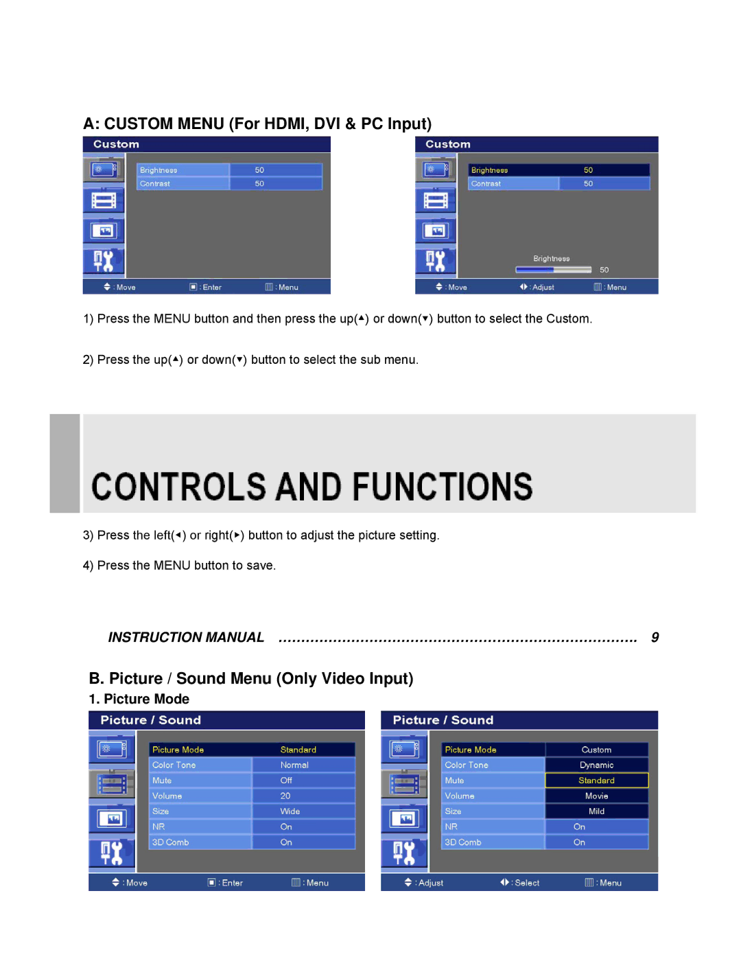 EverFocus EN-7542H manual Custom Menu For HDMI, DVI & PC Input, Picture Mode 