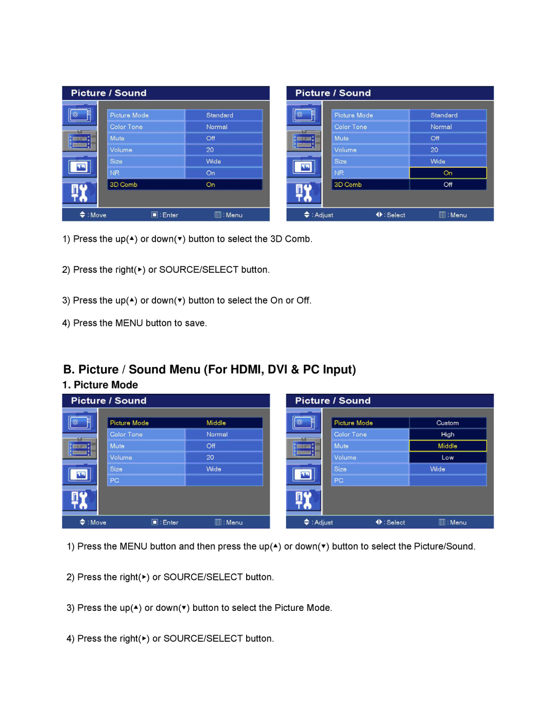 EverFocus EN-7542H manual Picture / Sound Menu For HDMI, DVI & PC Input 