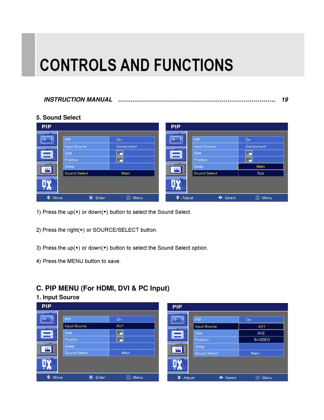 EverFocus EN-7542H manual PIP Menu For HDMI, DVI & PC Input, Sound Select 