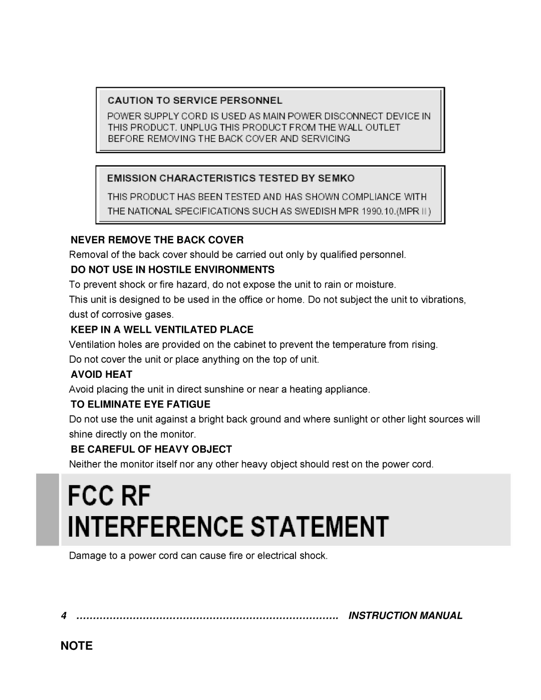 EverFocus EN-7542H manual Never Remove the Back Cover, Do not USE in Hostile Environments, Keep in a Well Ventilated Place 