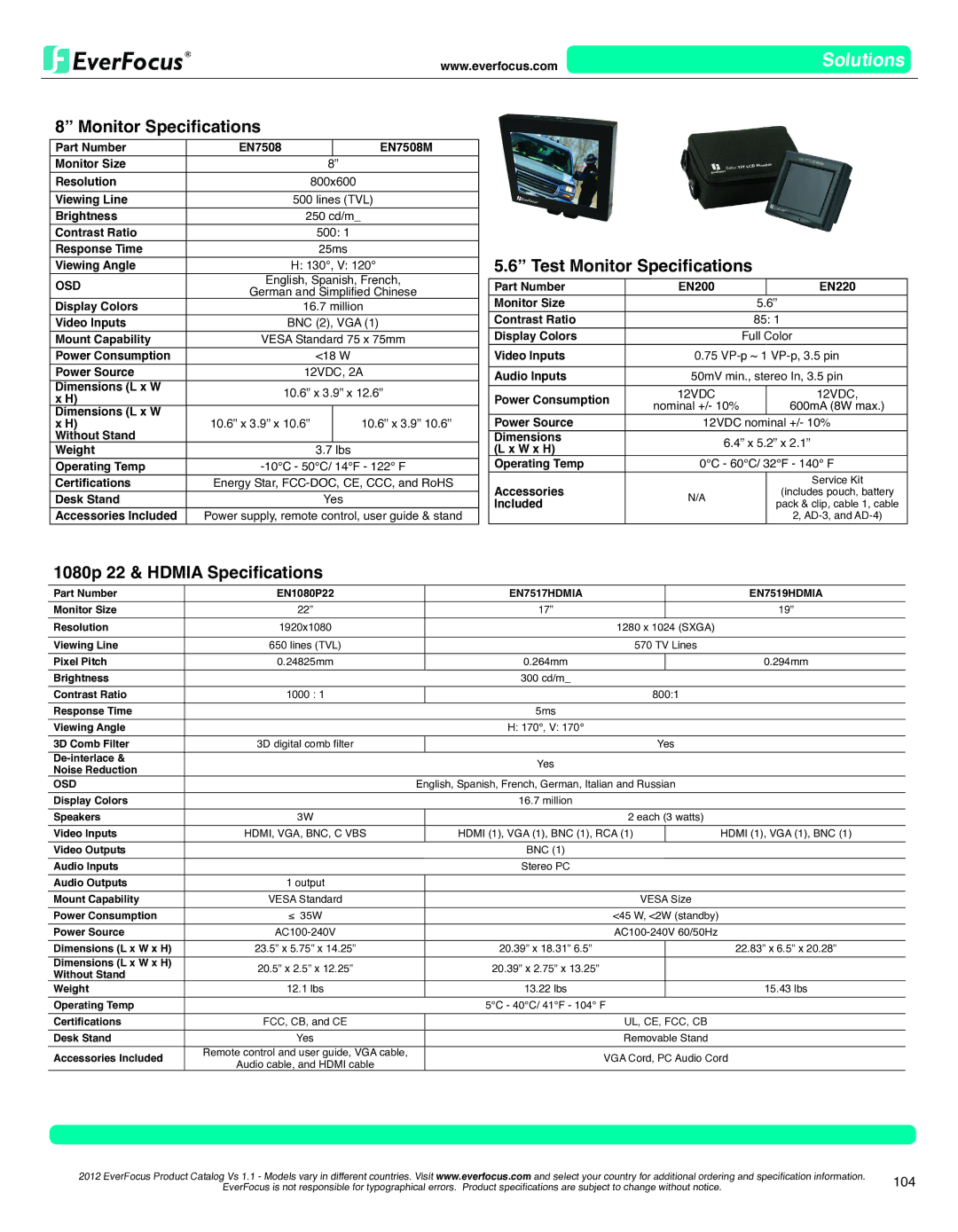 EverFocus EN1080P42A, EN1080P55A, EN1080P65A Test Monitor Specifications, 1080p 22 & Hdmia Specifications, 12VDC 