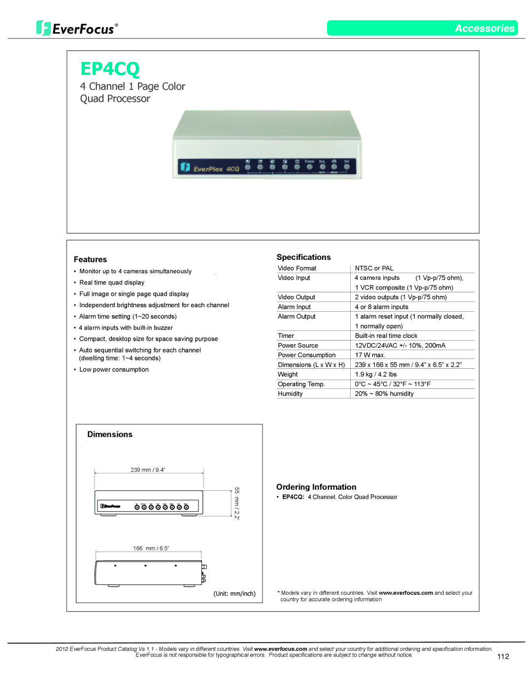 EverFocus EN7519VGA dimensions Channel 1 Page Color Quad Processor, Features, Dimensions, 112 