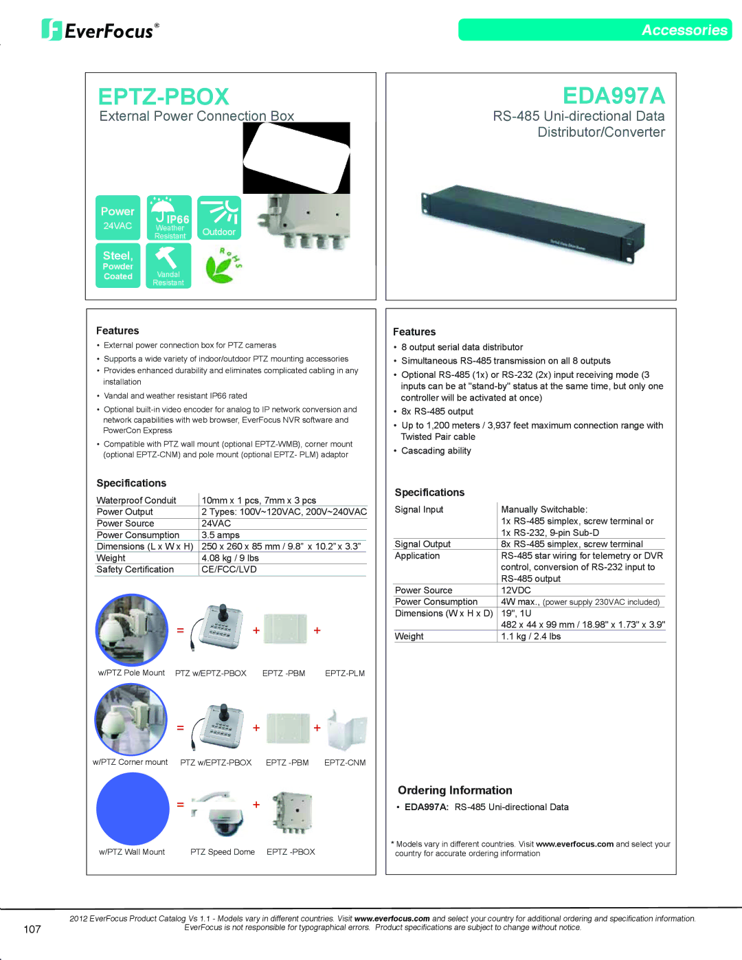 EverFocus EN7519VGA Eptz-Pbox, EDA997A, External Power Connection Box, RS-485 Uni-directional Data Distributor/Converter 