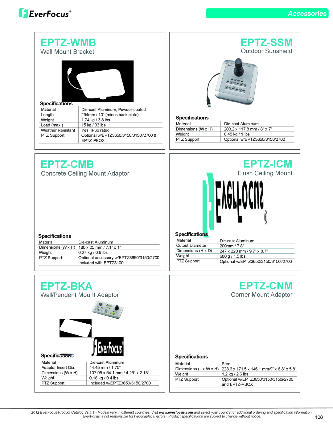 EverFocus EN7519VGA dimensions Eptz-Wmb Eptz-Ssm, Eptz-Cmb, Eptz-Bka, Eptz-Icm, Eptz-Cnm 