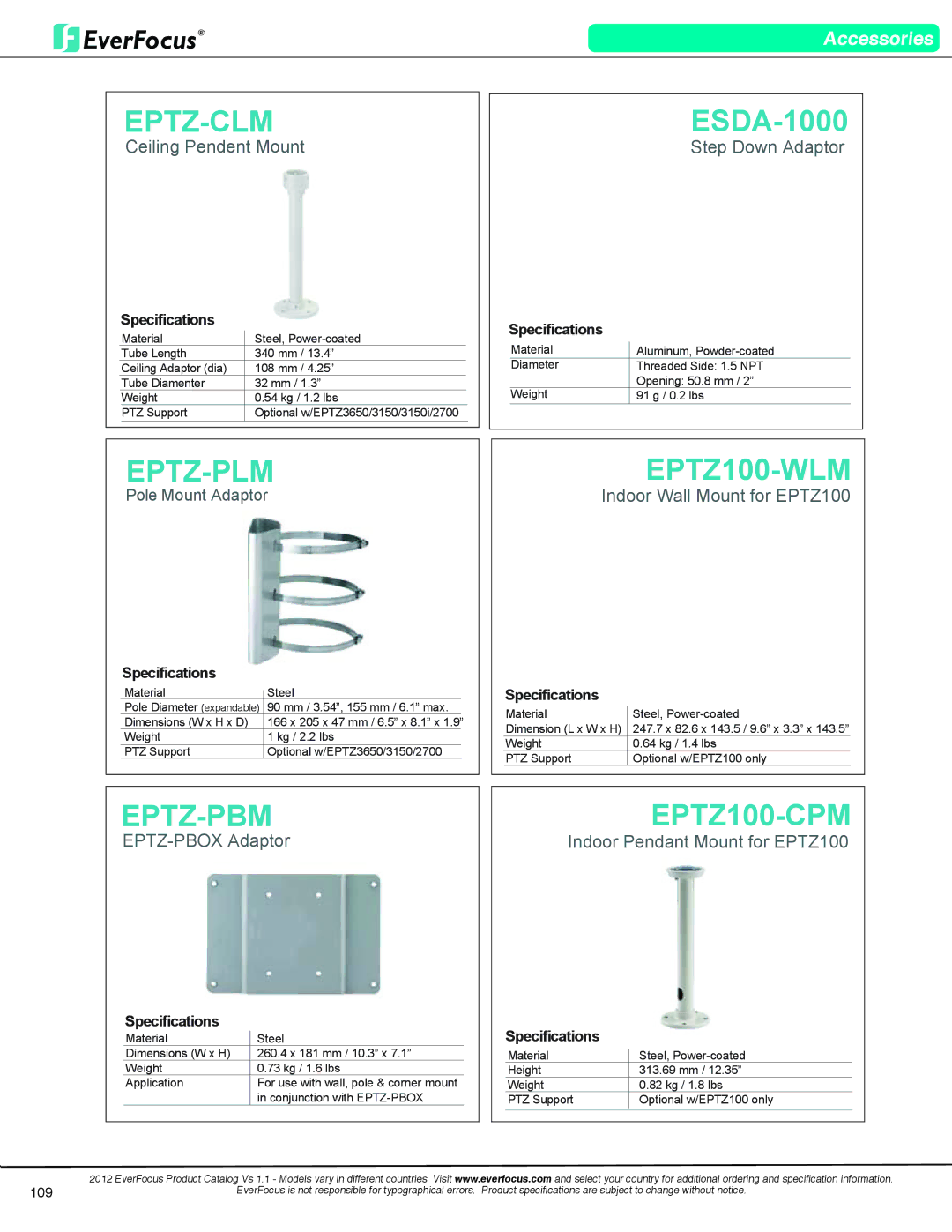 EverFocus EN7519VGA Eptz-Clm, EPTZ-PLM EPTZ100-WLM, EPTZ-PBM EPTZ100-CPM, Ceiling Pendent Mount Step Down Adaptor 